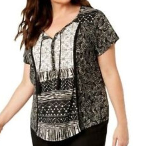 Style & Co. Tops - Bohemian Women's Plus Blouse Top Aztec Short Sleeve Tassels High Low Womens 1X